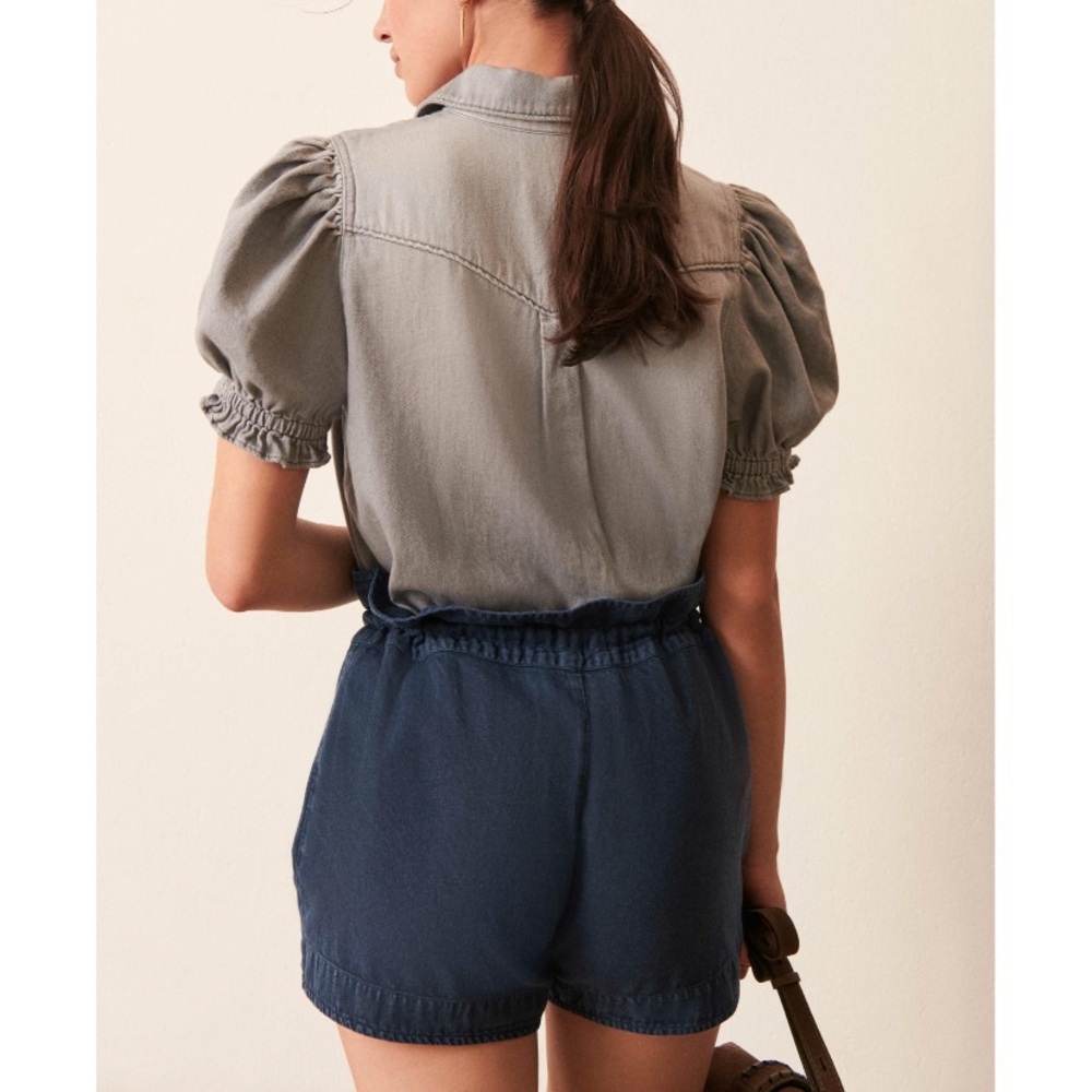 Ba&sh Danee Denim Shirt (Sz 3 / L) Puff Sleeve Button Down Light Grey - Picture 3 of 16